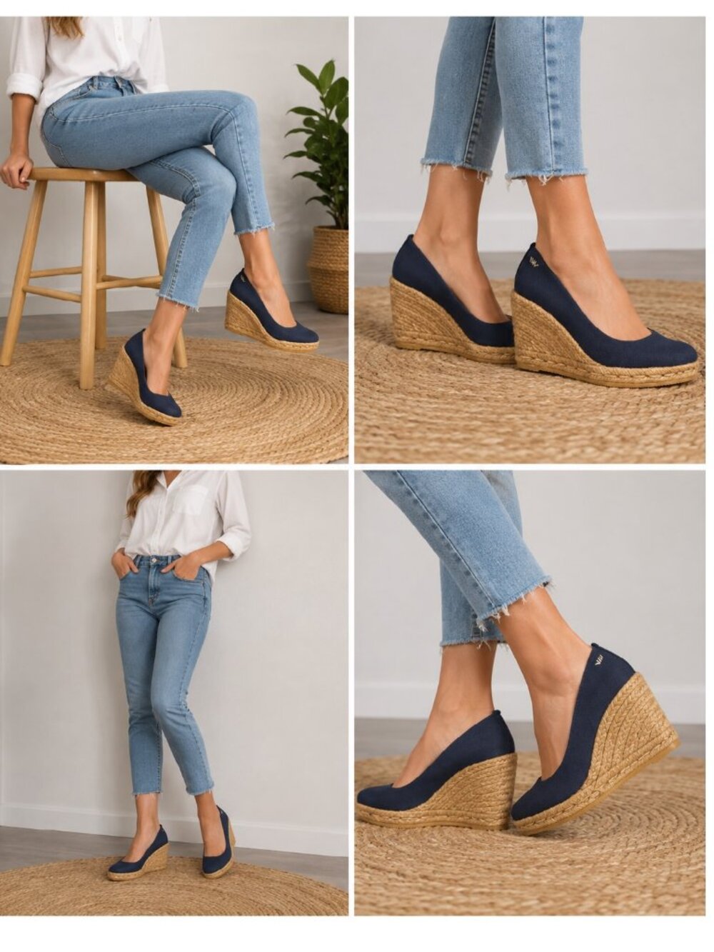 VISCATA Roses Women’s Espadrille Wedge Shoes – Navy Canvas Platform Sneakers